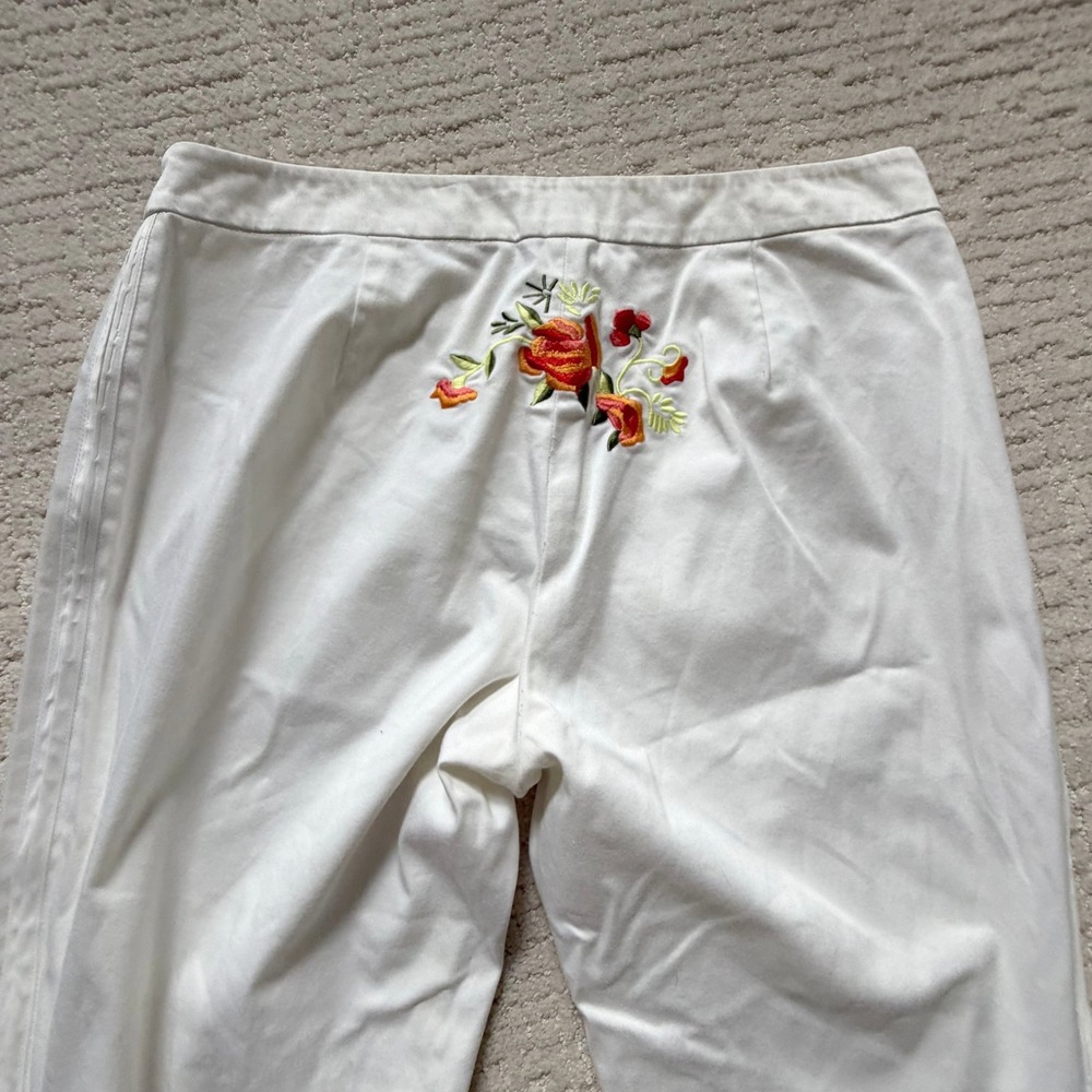 Cache White Floral Embroidered Flare Leg Pants 8 Boho Wide Leg Slit Zip Hem READ - Picture 10 of 16